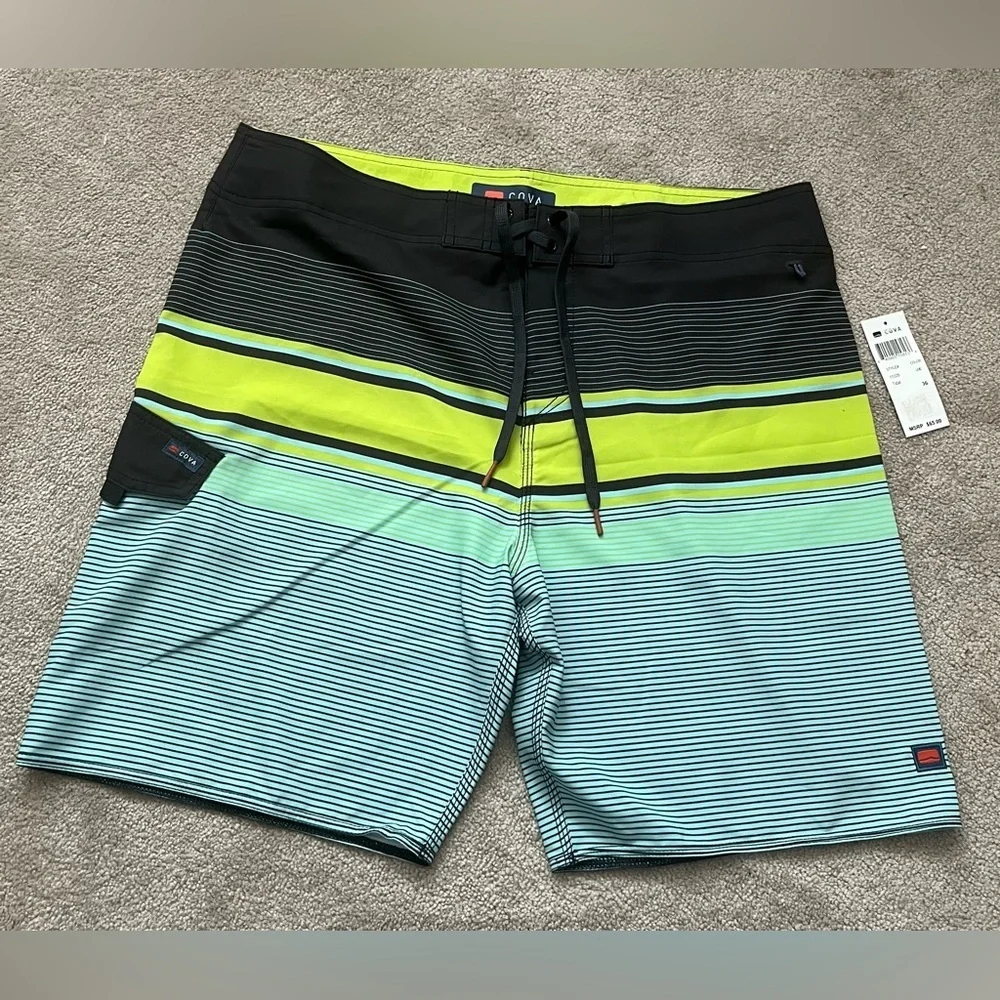 COVA Striped Board Shorts Neon Lime Aqua Surf Swim Trunks Size 36 NWT